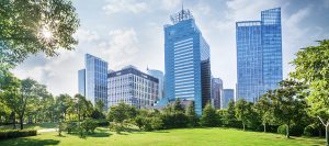 Modern building with green grass and tree,beautiful cityscape at shanghai.